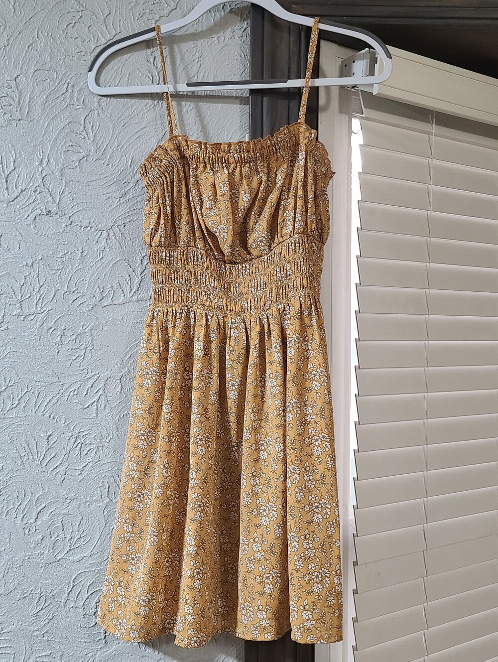 Lush mustard yellow ditsy floral print spaghetti strap mini dress smocked Bodice